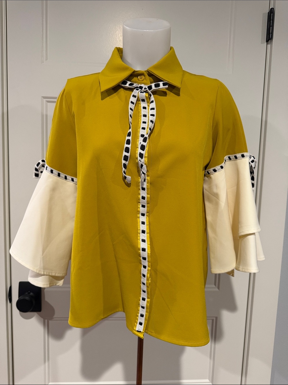 Backstage Button Down Top with Off Shoulder Dramatic Sleeves and Ribbon Accent